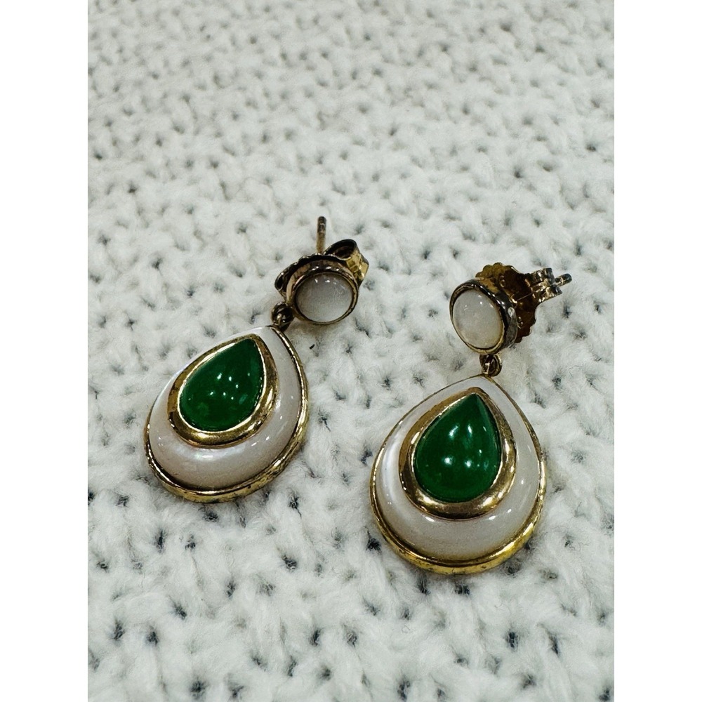 BBJ 925 Sterling Silver Green White Teardrop Dangle Earrings Gold Tone